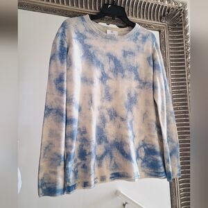 ALLUDE Tie Dye Print 100% Cashmere Sweater In Blue And White Sz L Org $150